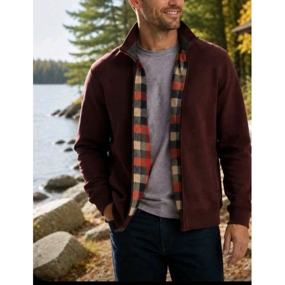 Mens LL Bean Flannel Lined Warm Up Bomber Jacket Maroon Full Zip Size L Gorpcore